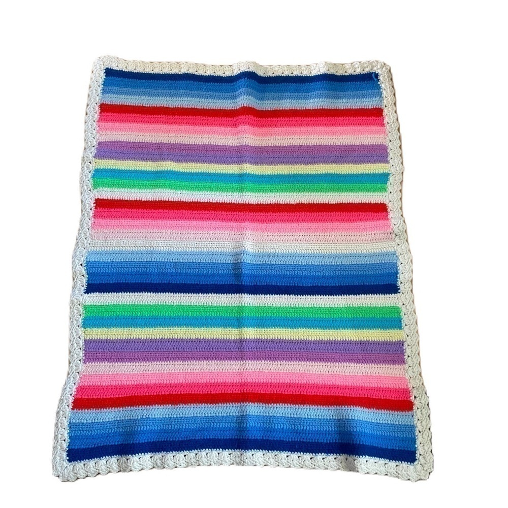 Vintage Rainbow Stripe Baby Blanket Hand Knit Crochet Kids Red Pink Blue Green